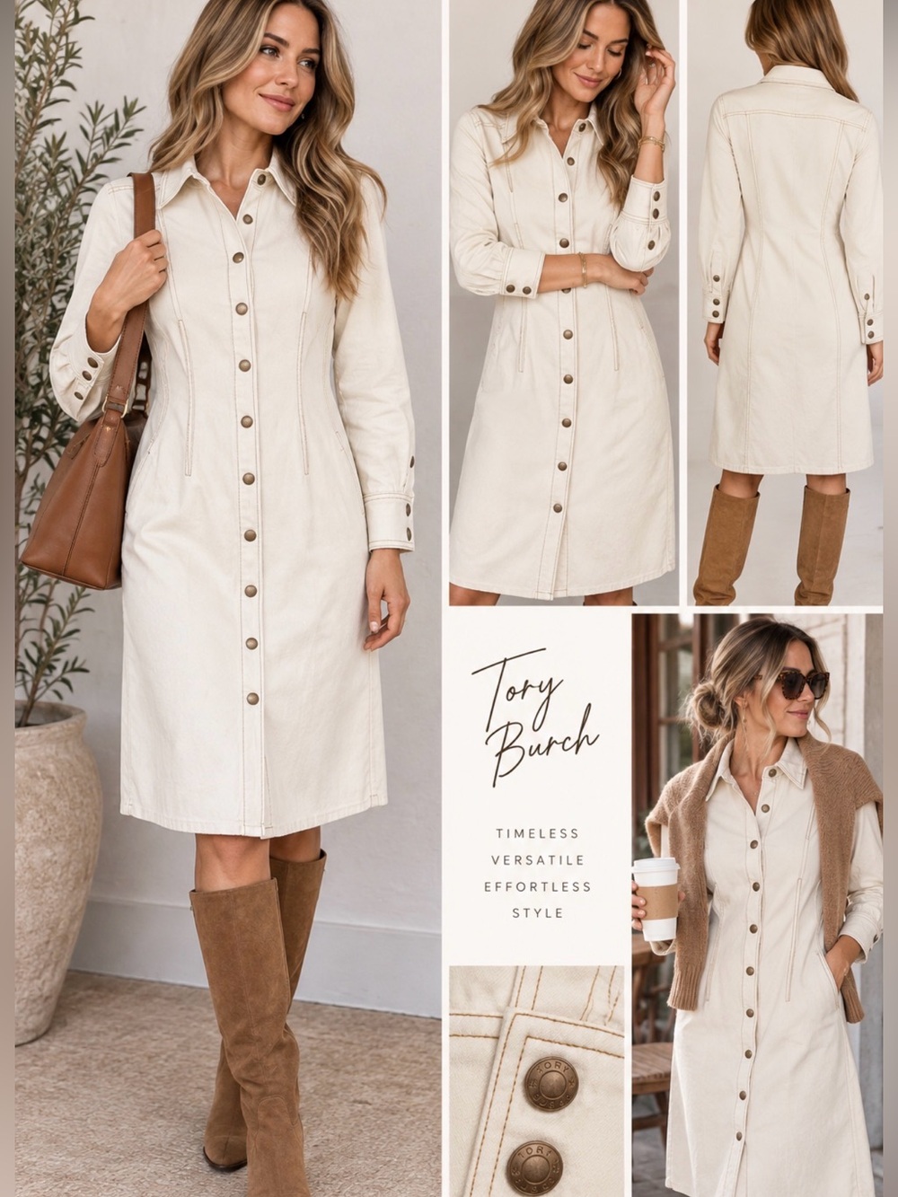 Tory Burch Ivory Cotton Denim Midi Shirt Dress Snap Front Size 0 Western